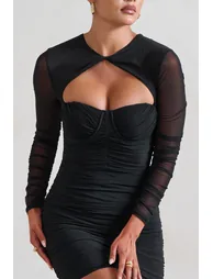 Daiquiri | Black Ruched Cut Out Mesh Mini Dress With Long Sleeves - 2