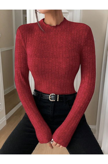 Red Ribbed Long Sleeve Top