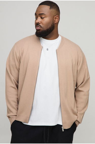 Plus Basic Regular Fit Knitted Bomber Jacket - taupe