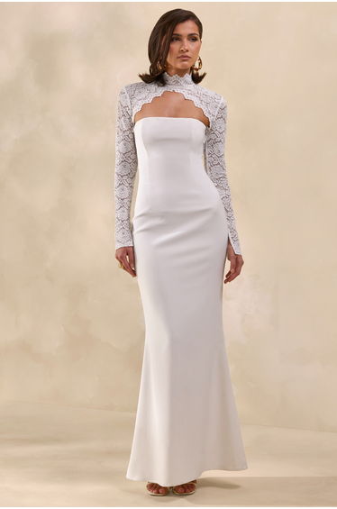Yarrow | White Lace High-Neck Maxi-Dress With Open-Back