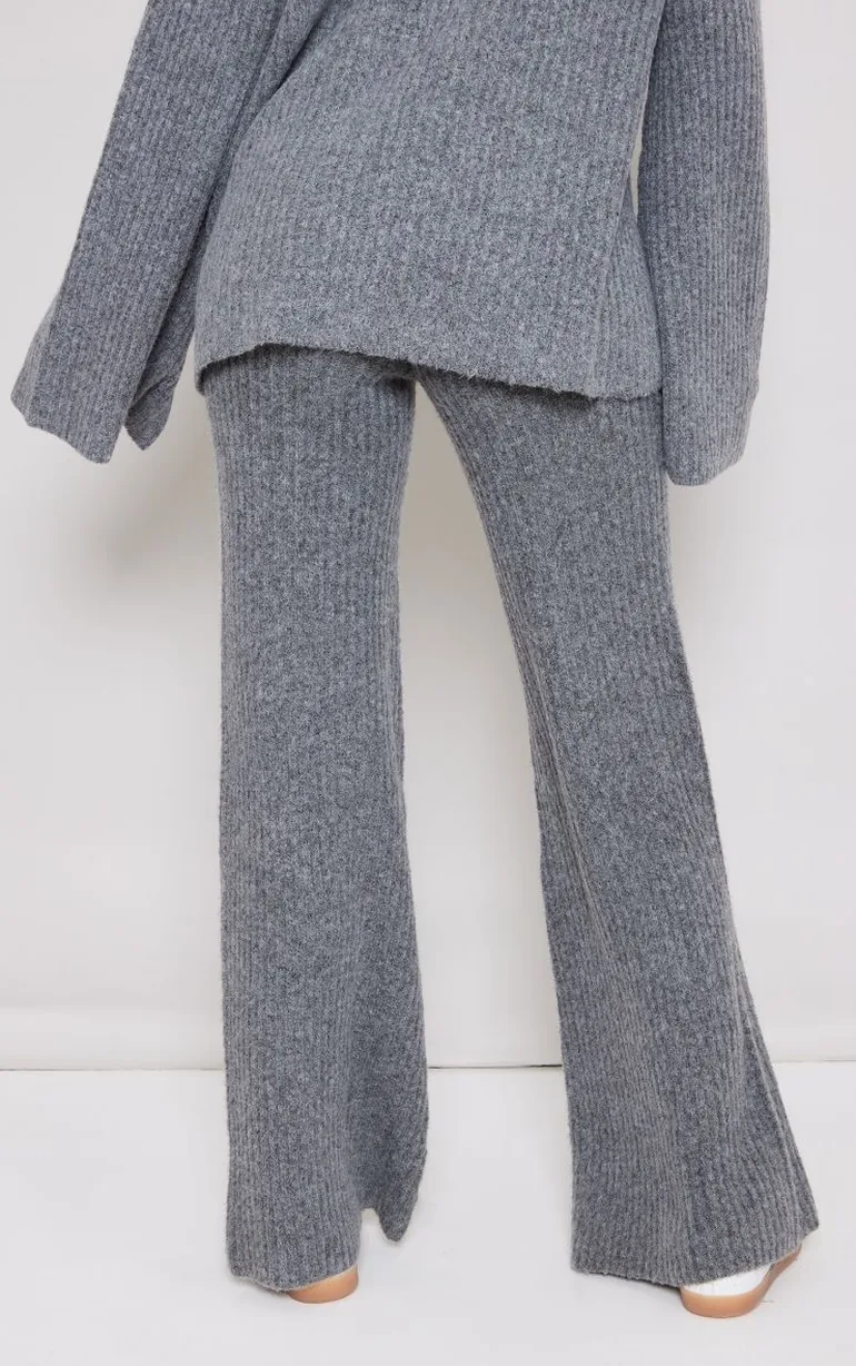 Tall Charcoal Luxe Rib Knit Wide Leg Trousers - 2