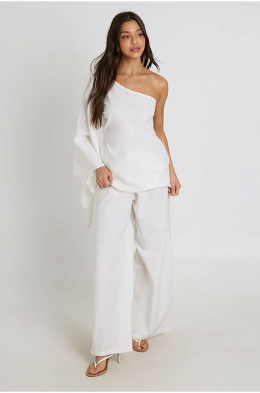 Linen Look Cape Top and Wide Leg Trouser Co-ord - ecru