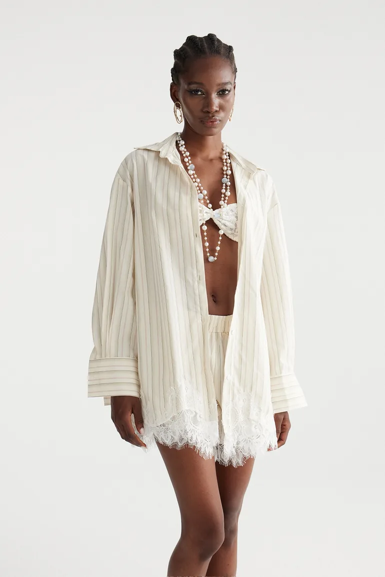 Fouzia Stripe Lace Shorts Set In Khaki - 3