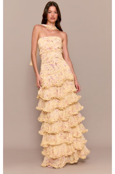 Pastel Yellow Chiffon Ditsy Floral Print Tiered Frill Maxi Dress