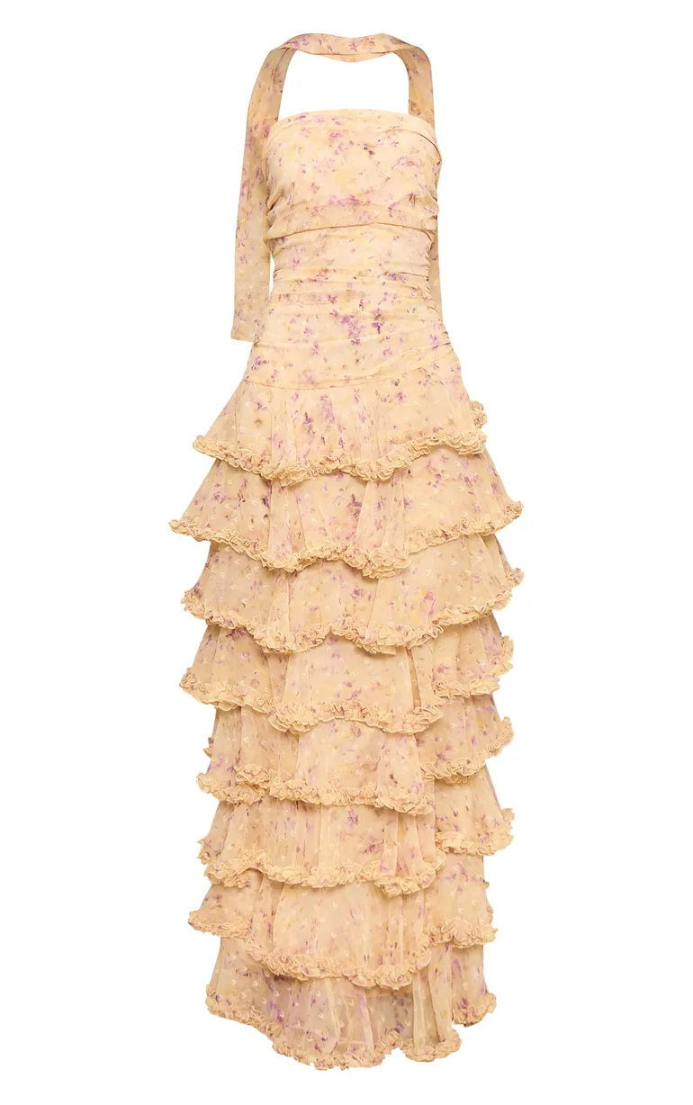 Pastel Yellow Chiffon Ditsy Floral Print Tiered Frill Maxi Dress - 4