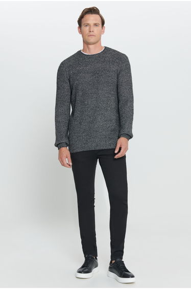 Men's Anthracite-Melange Standard Fit Regular Cut Crew Neck Cotton Knitwear Sweater