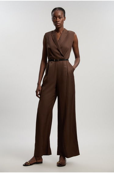 Premium Viscose Linen Tailored Belted Wide Leg Jumpsuit