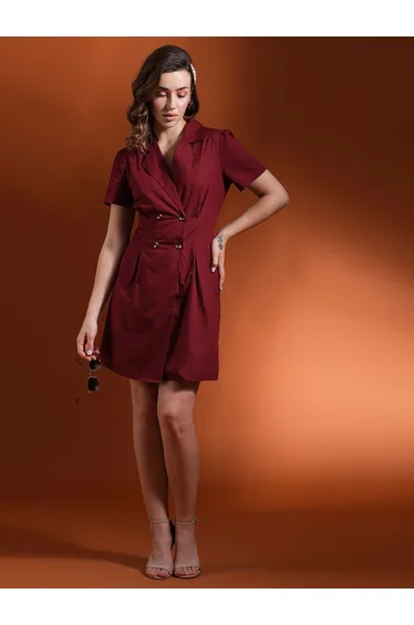 Maroon Notched Lapel Double Breasted Mini Dress
