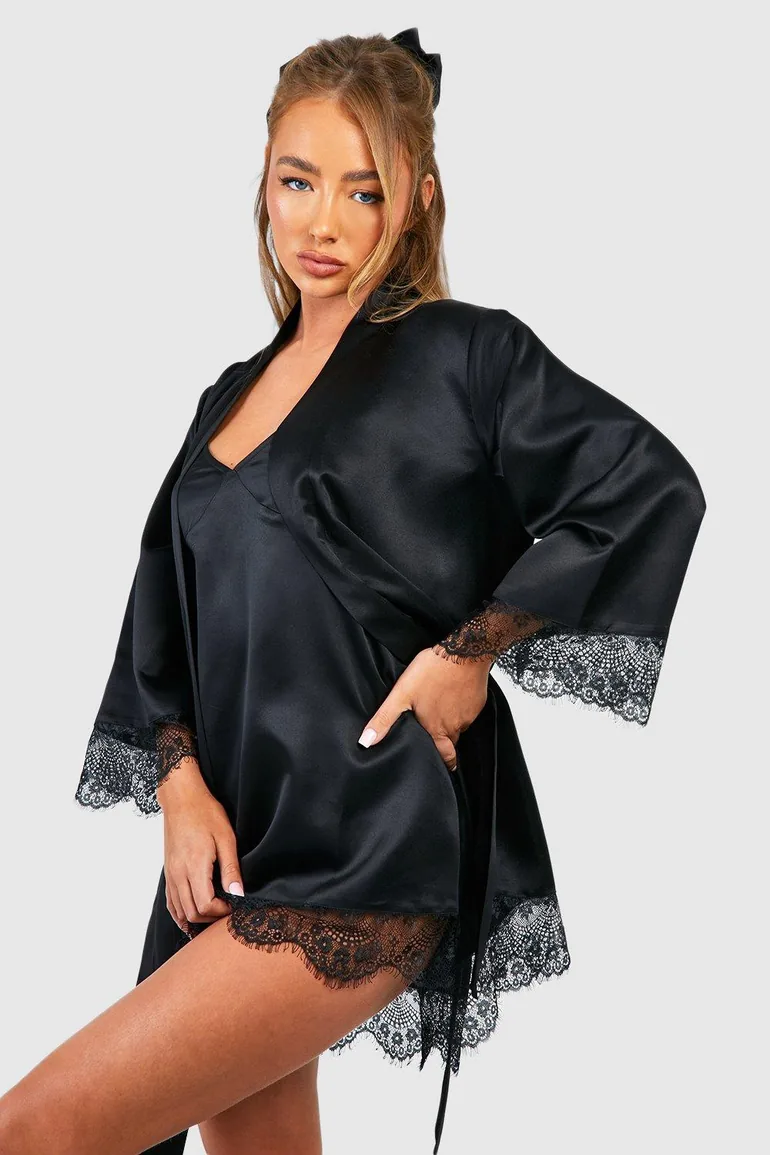 Satin Lace Trim Robe - black - 2
