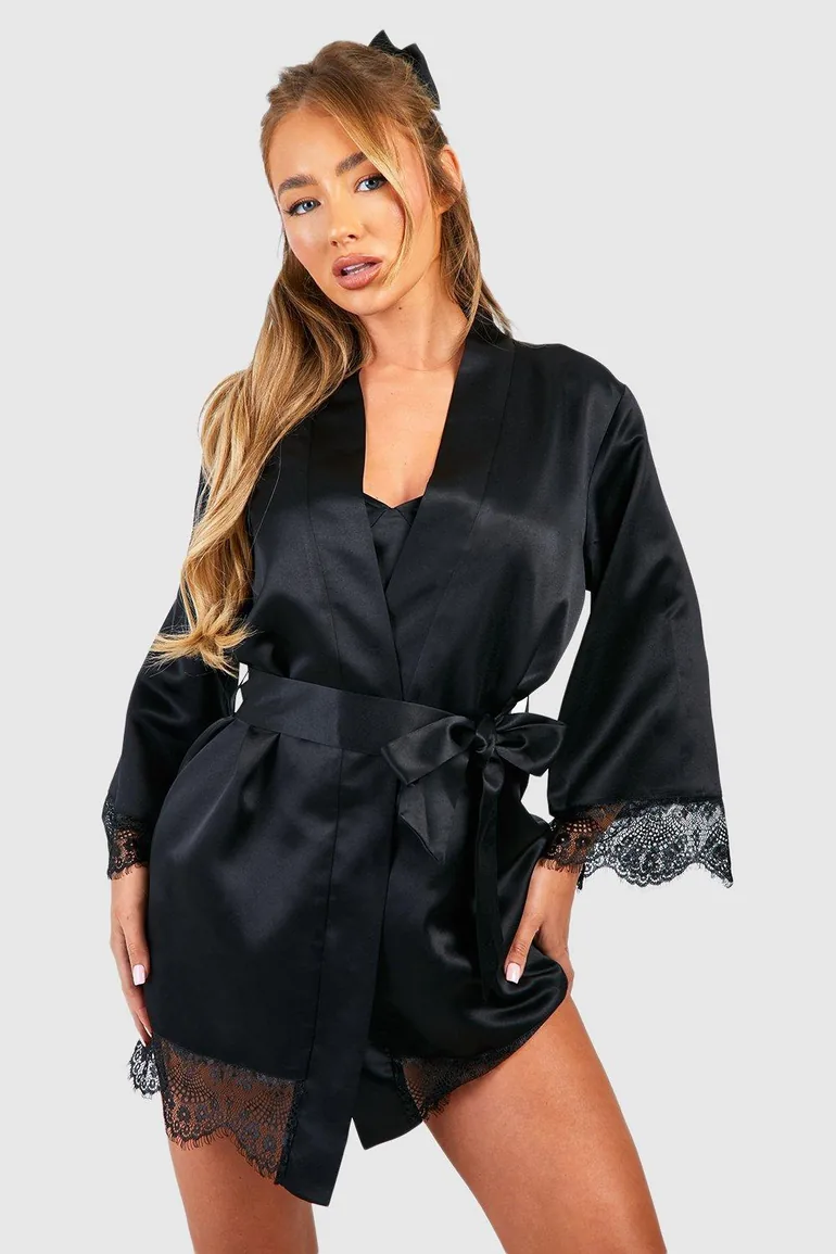 Satin Lace Trim Robe - black