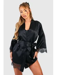 Satin Lace Trim Robe - black