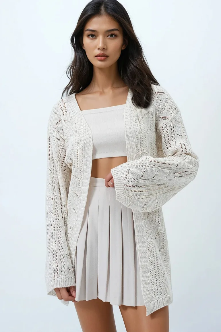 Women's Vanilla V-Neck Self-Motif Long Knitwear Cardigan - 1