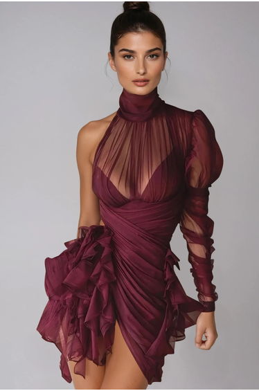 Domitilla One Shoulder Ruffle Mesh Mini Dress