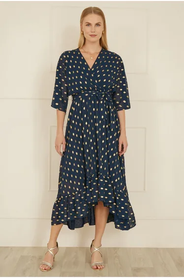 Yumi Navy Foil Print Wrap Over Dip Hem Midaxi Dress