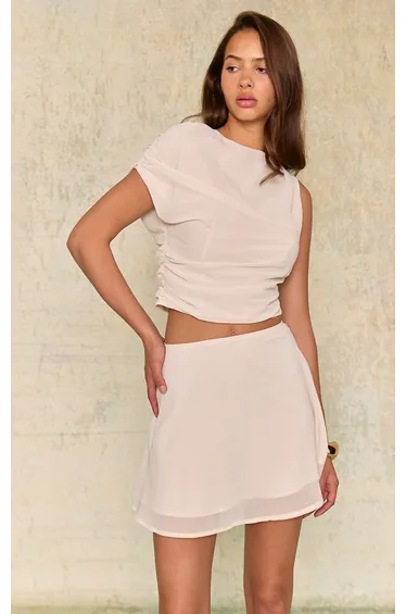 Cream Chiffon High Waisted A-line Mini Skirt