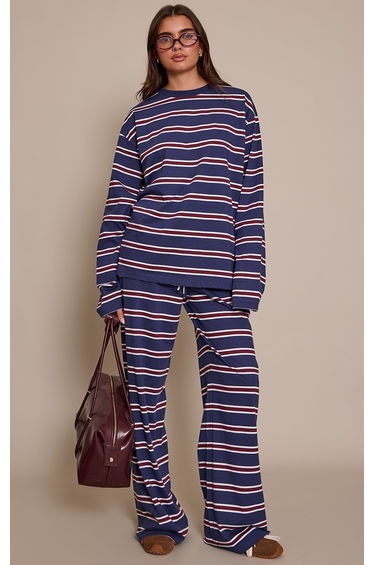 Navy Striped Wide Leg Drawstring Trousers