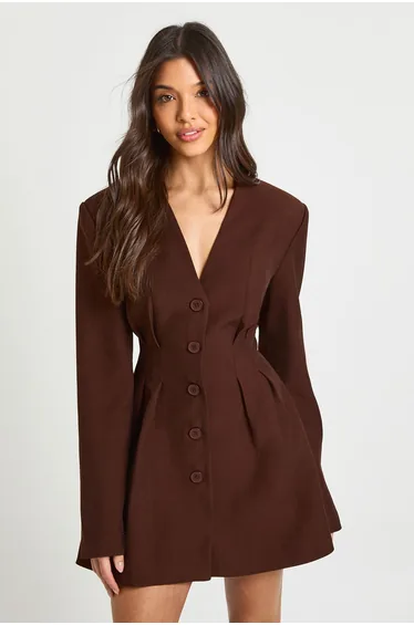 Long Sleeve Collarless Tailored Mini Dress - chocolate