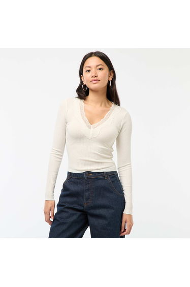 Long-Sleeve Lace Top Cream
