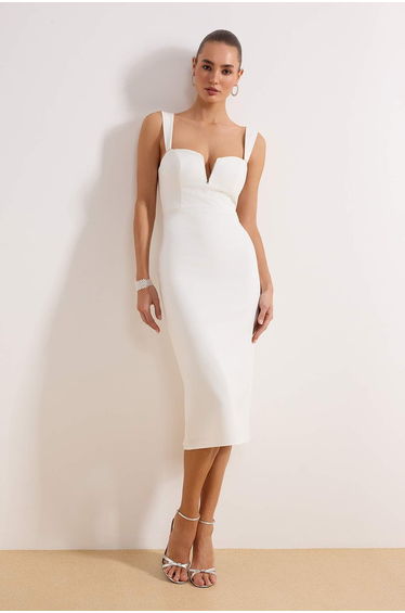 Ecru Plain Stone Accessory Detailed Woven Finike Midi Unlined Stylish/Evening Dress