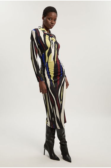 Abstract Zebra Print Ruched Detail High Neck Long Sleeve Crepe Midi Dress