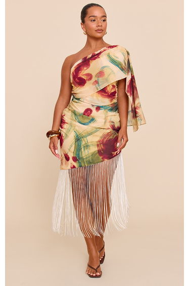 Shape Olive Abstract Print Fringe Hem One Shoulder Mini Dress