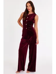 Burgundy Velvet Wide Leg Trousers - 2
