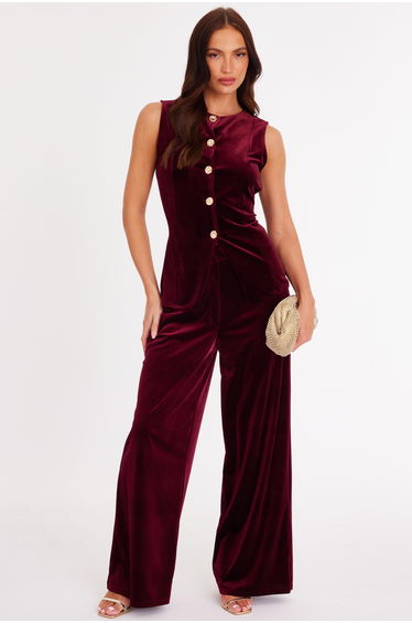 Burgundy Velvet Wide Leg Trousers
