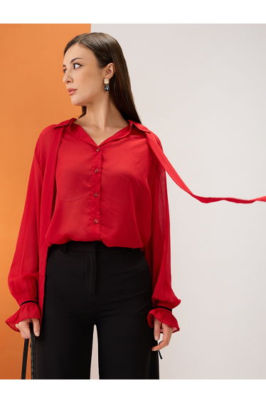 Red Collared Neck Tie Chiffon Shirt
