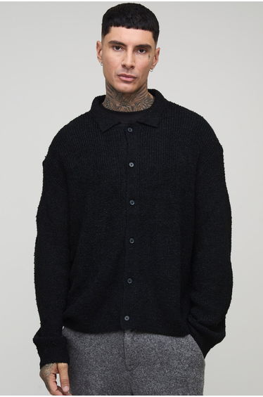 Tall Basic Boxy Brushed Knitted Shirt - black