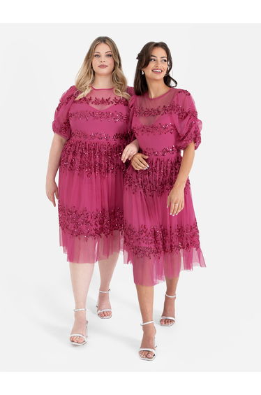 Maya Hot Pink Floral Embellished Ruched Sleeve Midi Dress