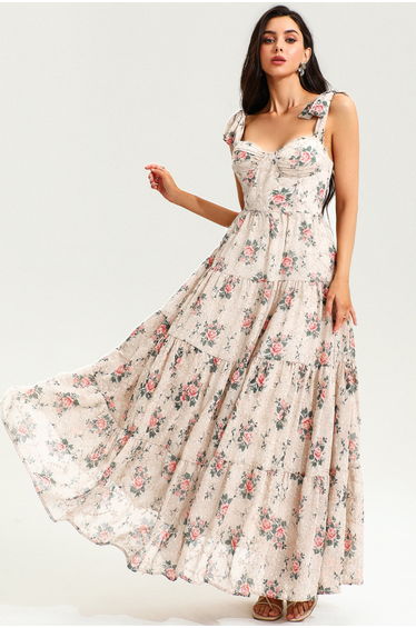 Samantha Floral Corset Backless Maxi Dress Beige