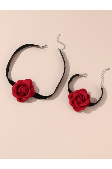 Red Rose Choker Necklace and Bracelet Set
