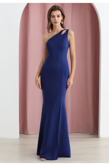 One-Shoulder Dual Strap Mermaid Gown in Navy