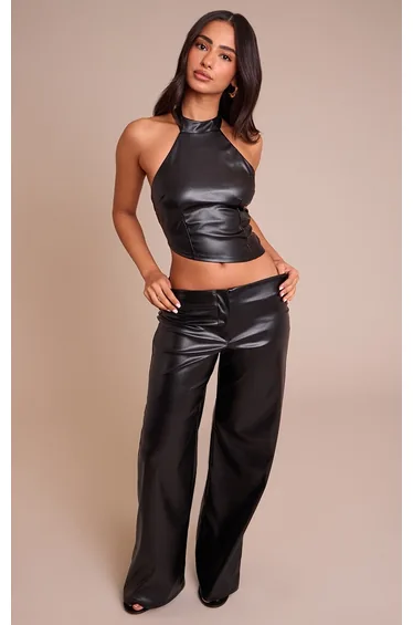 Petite Black Faux Leather Asymmetric Halterneck Top