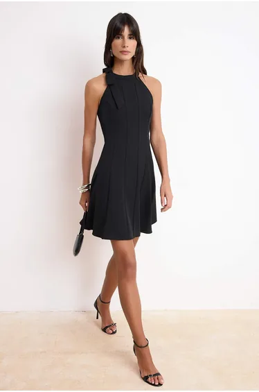 Black Straight Skirt with Bow at Waist Short / Mini Woven Dress