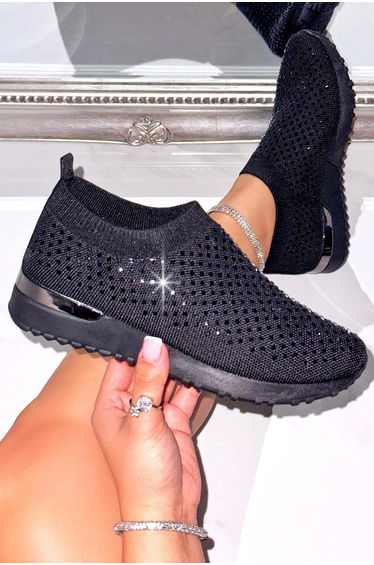 Lemonade Crystal Diamond Comfort Stretch Sock Slip On Trainers Black