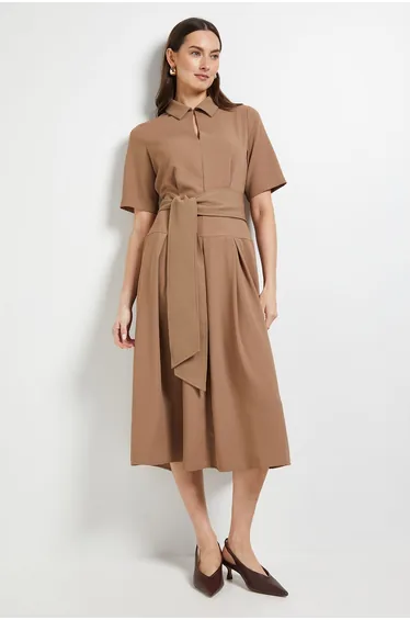 Short Sleeve Collared Tie Waist Midi Dress