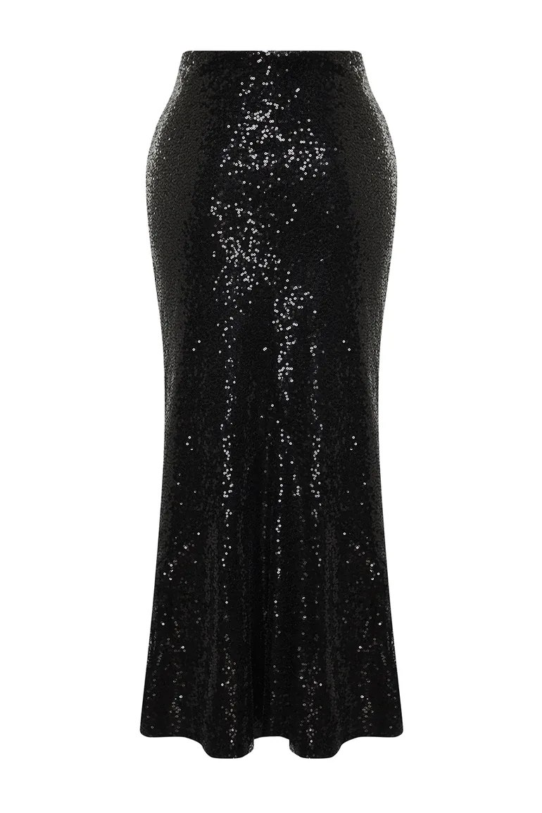 Black Sequin Long Woven Skirt - 4