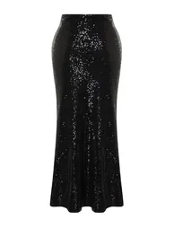 Black Sequin Long Woven Skirt - 4
