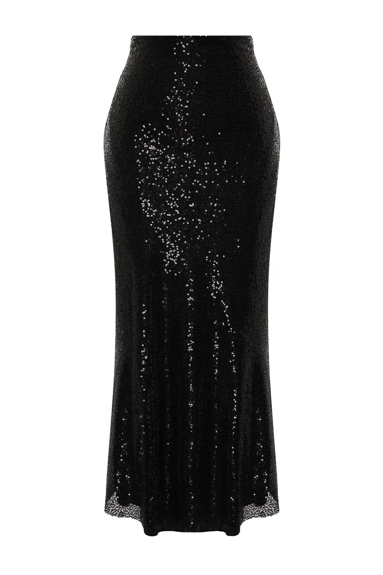Black Sequin Long Woven Skirt - 3