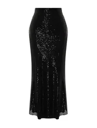 Black Sequin Long Woven Skirt - 3