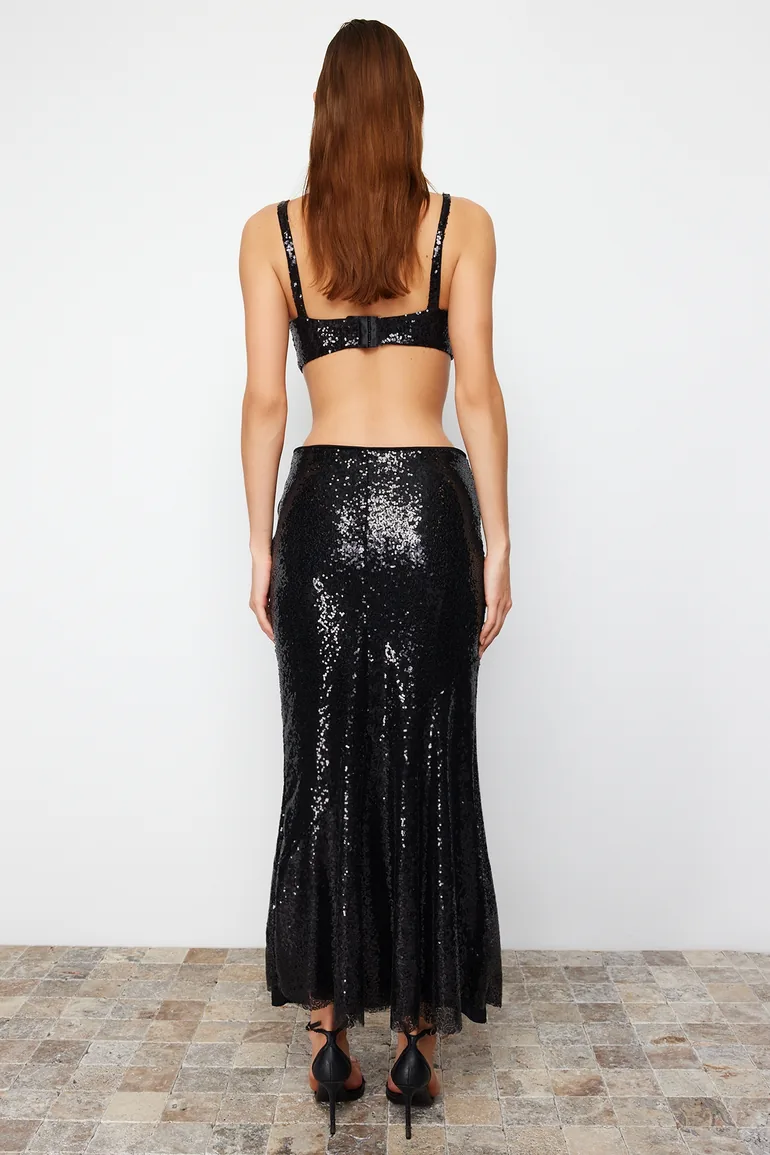 Black Sequin Long Woven Skirt - 6