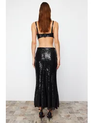Black Sequin Long Woven Skirt - 6
