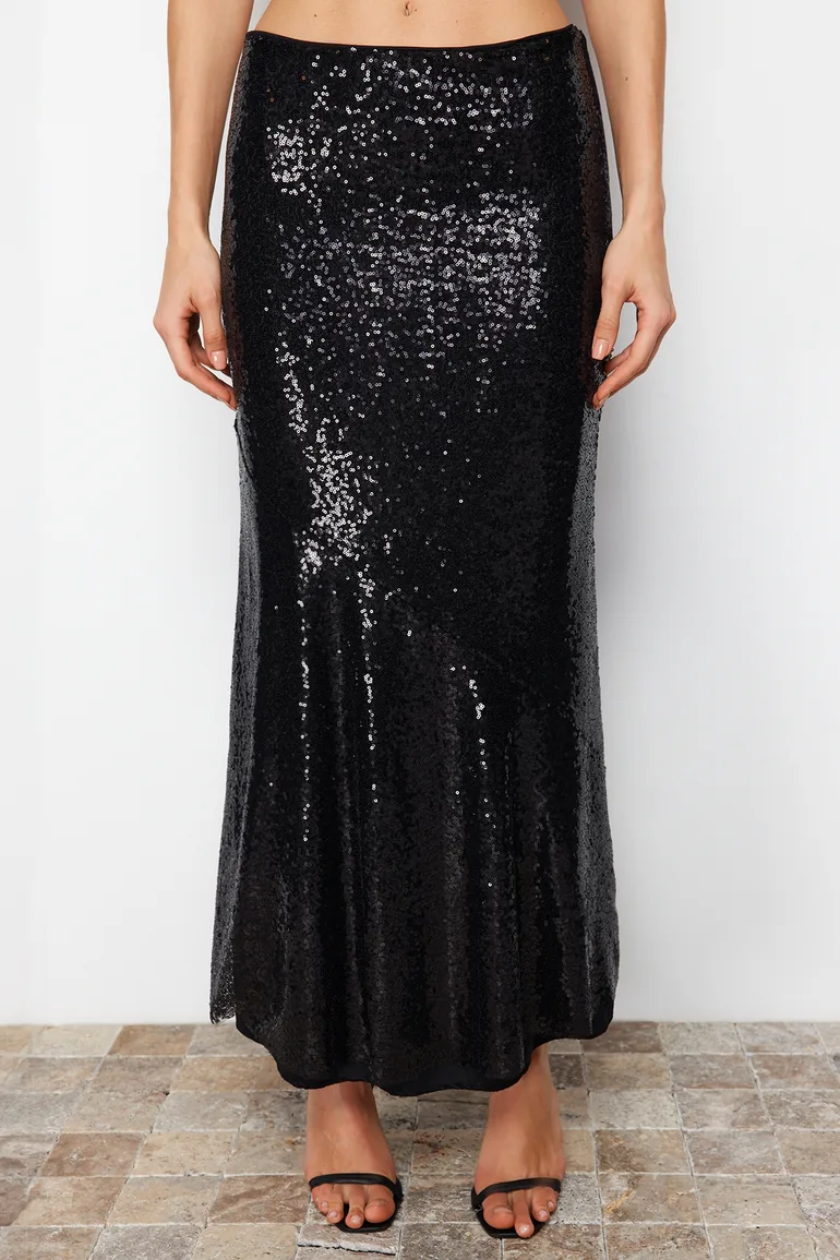 Black Sequin Long Woven Skirt - 5