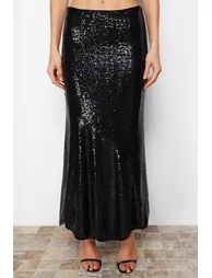 Black Sequin Long Woven Skirt - 5