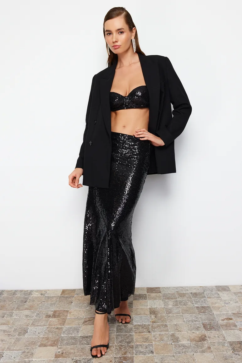 Black Sequin Long Woven Skirt