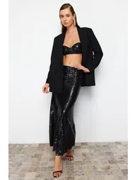 Black Sequin Long Woven Skirt