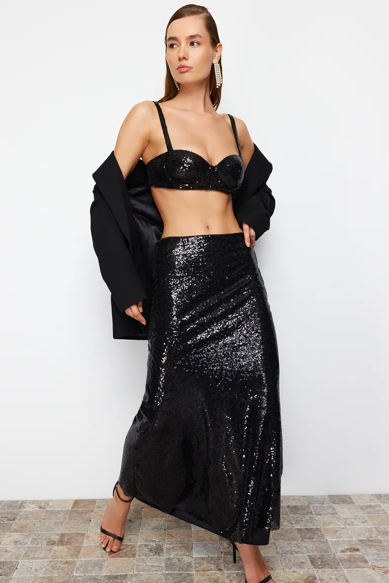 Black Sequin Long Woven Skirt - 1