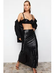 Black Sequin Long Woven Skirt - 1