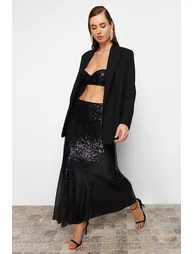 Black Sequin Long Woven Skirt - 2
